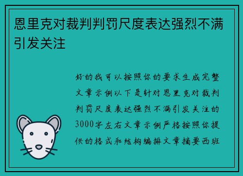 恩里克对裁判判罚尺度表达强烈不满引发关注